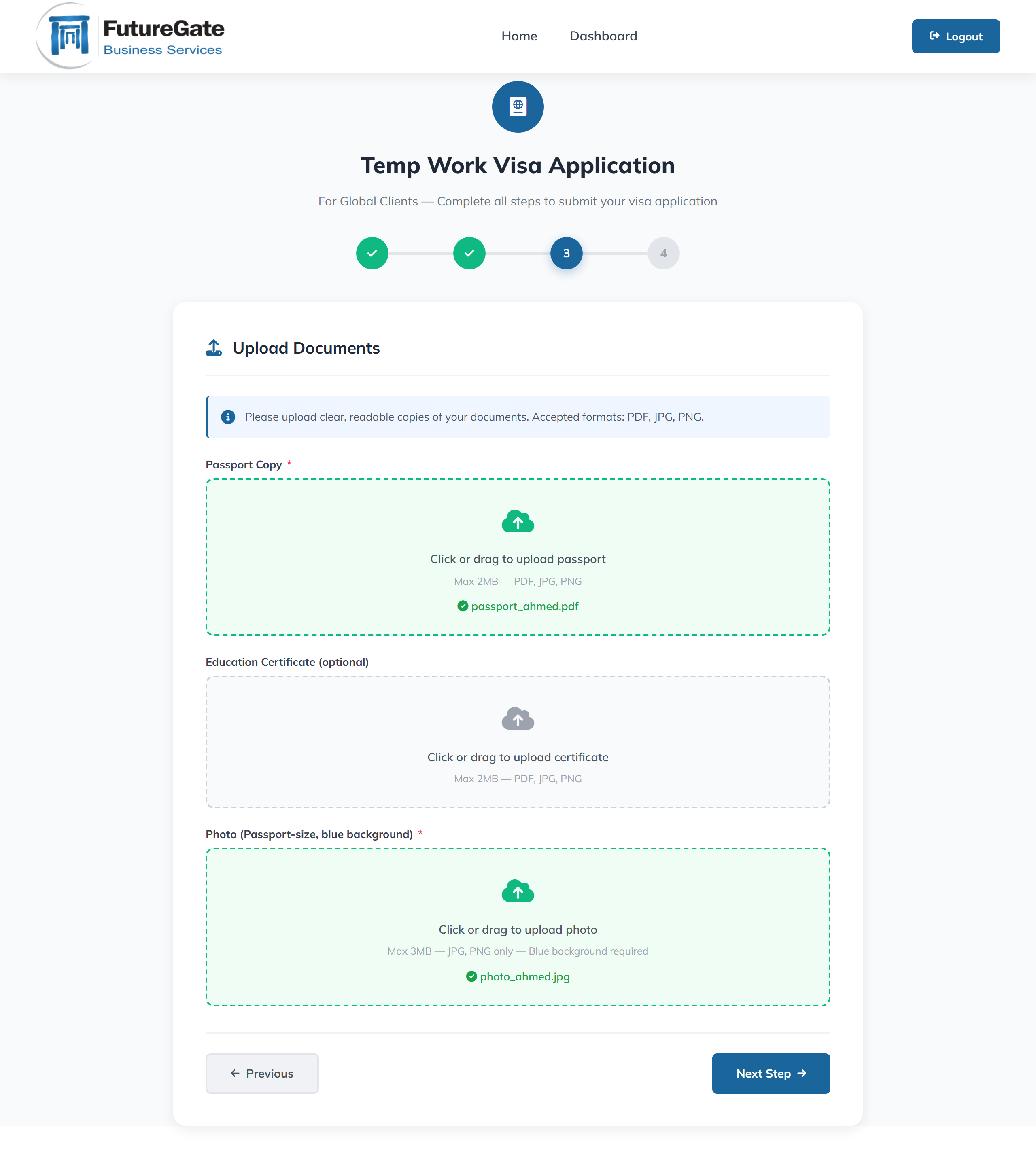 Visa Step 3 - Upload Documents